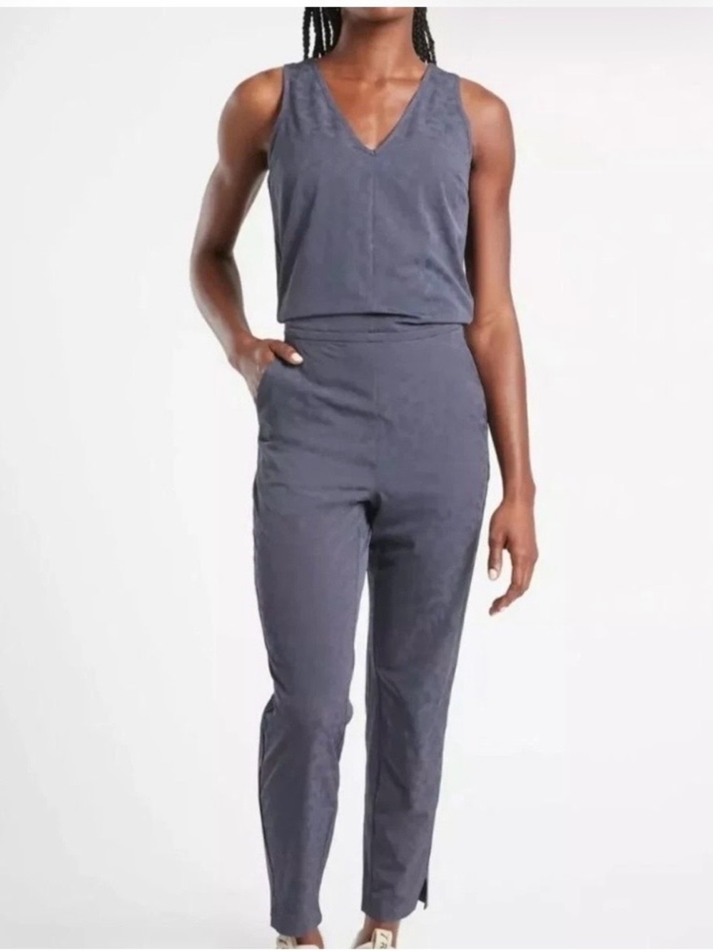 Athleta Brooklyn Textured Blue Tonal Leopard V-Neck Sleeveless Jumpsuit Sz 4~NWT